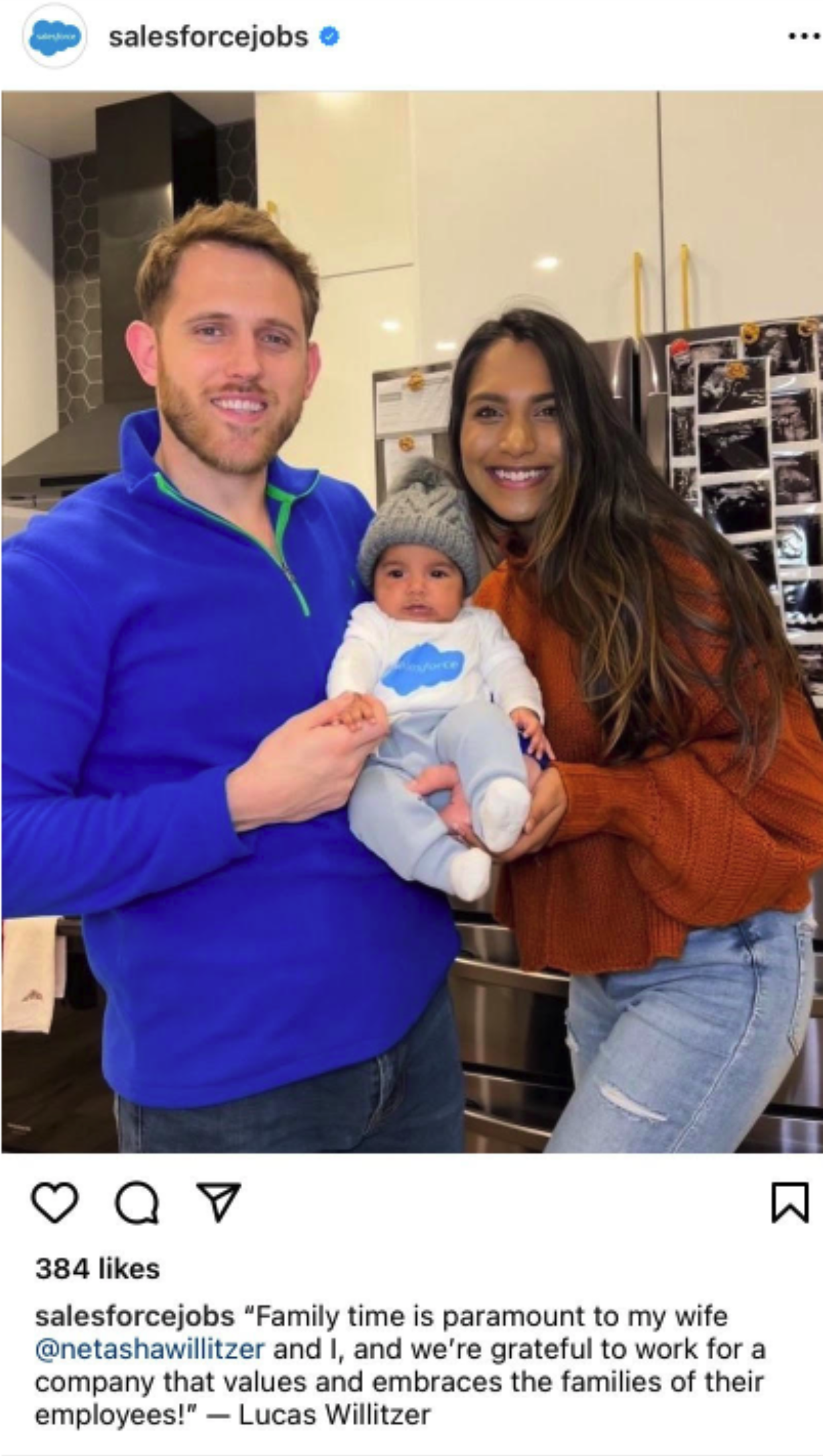 A social media post from Salesforce picturing a man and woman with their baby who is wearing a Salesforce onesie. 